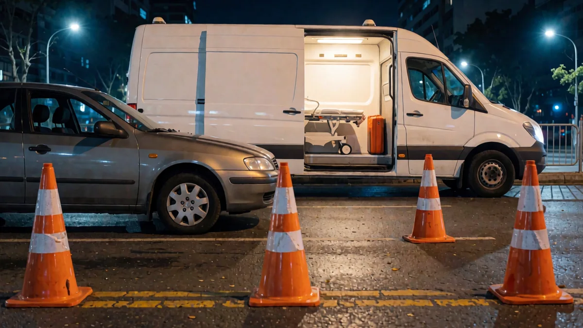 Control vial nocturno con conos naranjas y una valla, un auto detenido de perfil y un furgón sanitario con la puerta lateral abierta y una camilla adentro