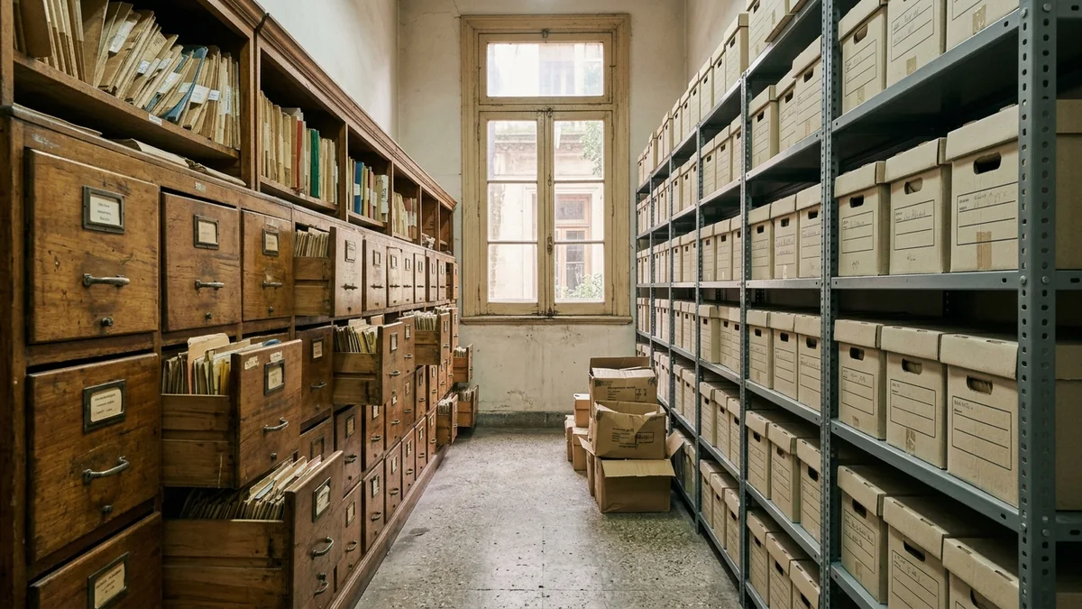 Sala de archivo con ficheros de madera antiguos frente a estanterías metálicas nuevas y cajas a medio llenar en el pasillo, bajo luz natural.