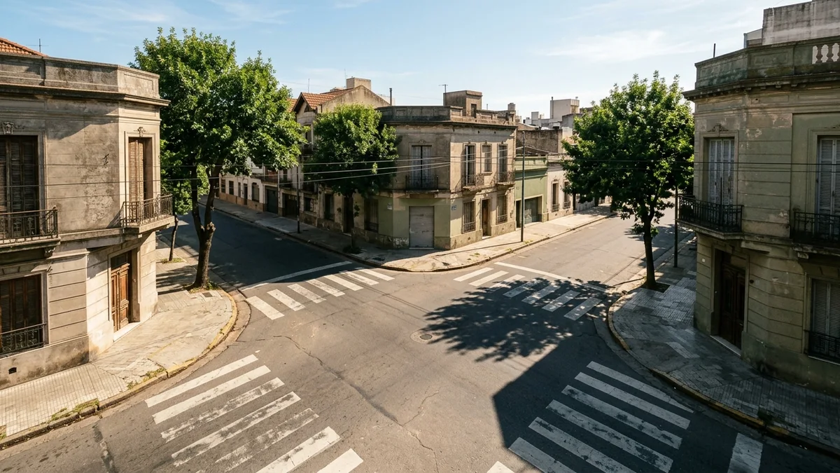 Vista elevada de una esquina de barrio argentino con las calles vacías, sendas peatonales pintadas y sombras largas de dos árboles de vereda a media mañana.