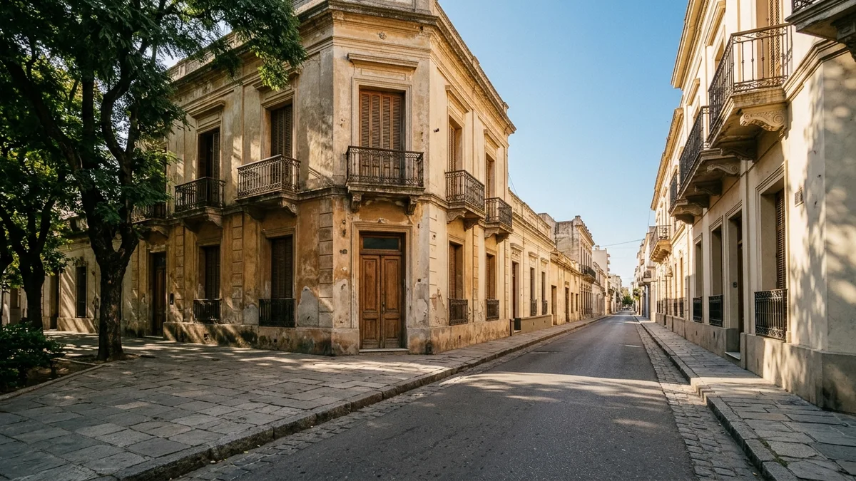 Esquina céntrica de Córdoba a media mañana: fachadas bajas de revoque, vereda arbolada y calle vacía bajo luz natural cálida.