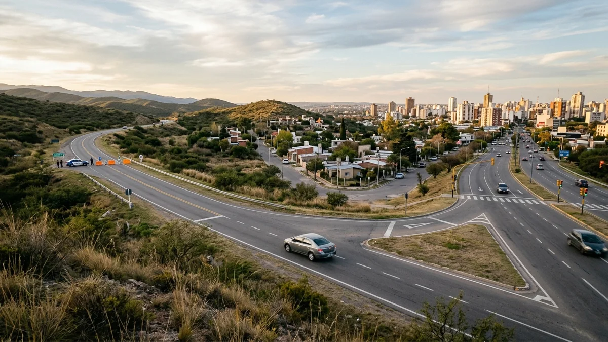 Bifurcación vial entre una ruta serrana y una avenida urbana de Córdoba