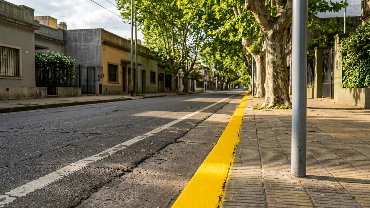 Cordón de vereda pintado de amarillo en una calle arbolada, con línea blanca sobre el asfalto y el poste de una señal al costado.