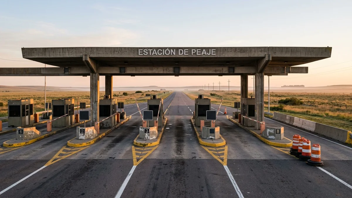 Estación de peaje vacía sobre una ruta nacional al amanecer, con barreras levantadas, islas de hormigón y una llanura al fondo.