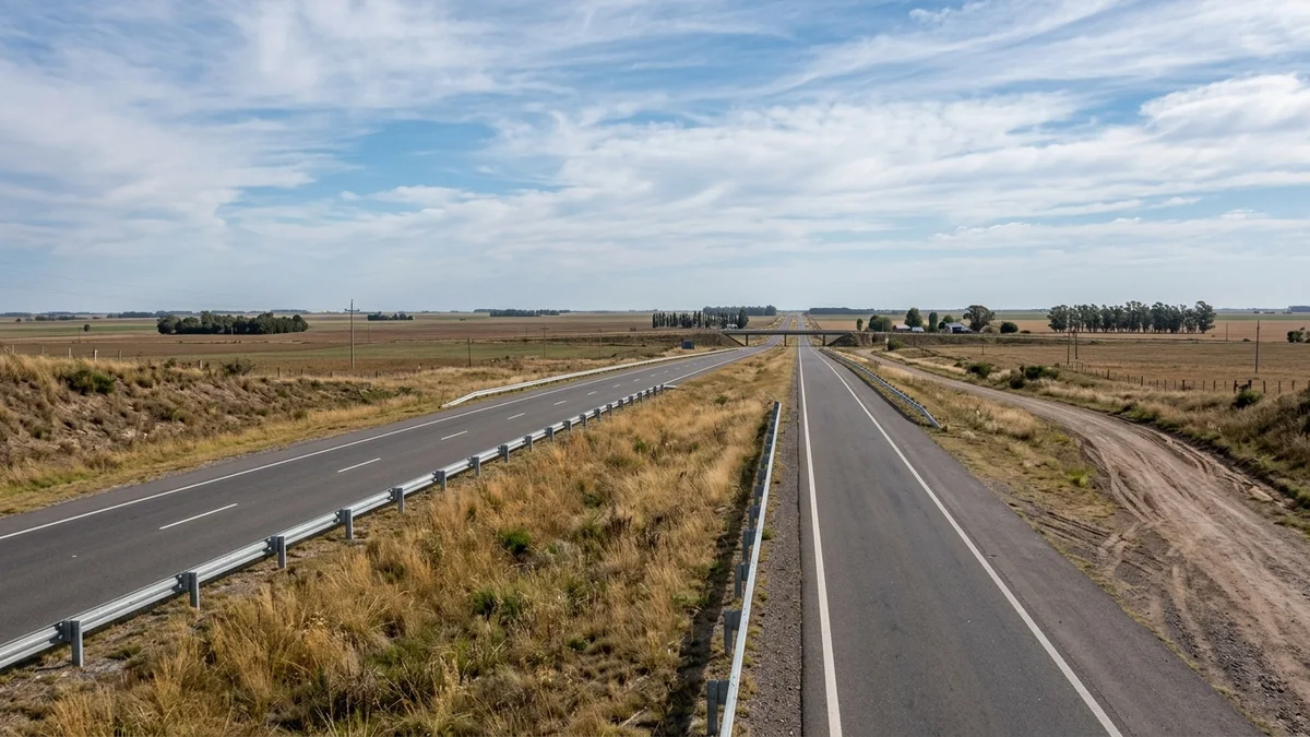 Autopista de calzadas separadas en la llanura pampeana, con colectora paralela y un empalme a lo lejos, bajo luz natural de la mañana.