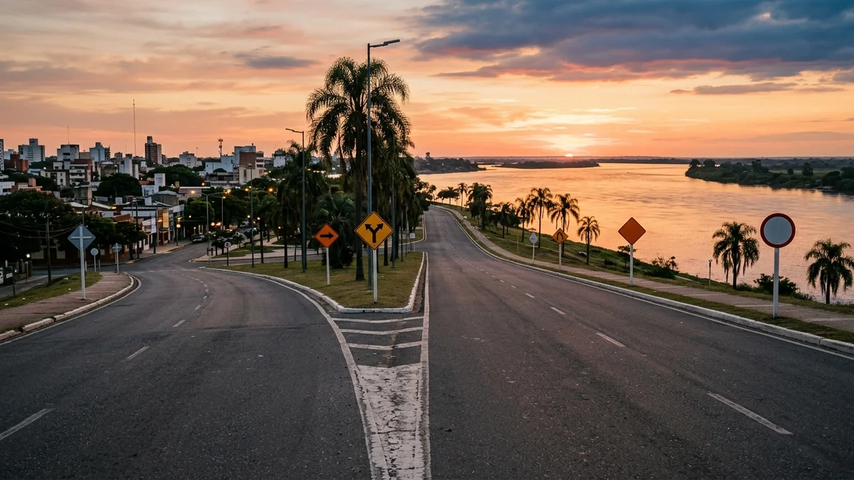 Avenida costera vacía que se bifurca junto al río Paraná en Corrientes, con palmeras y luz de atardecer.