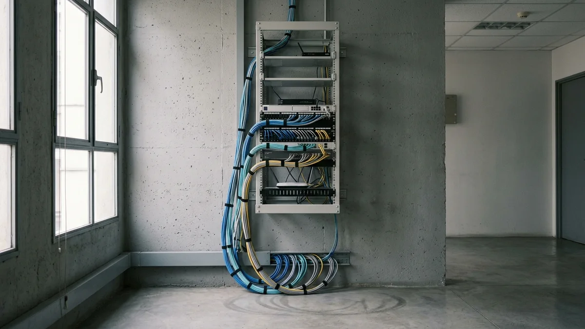 Rack de comunicaciones con cables de red peinados por color en una sala técnica, iluminado por la luz natural de un ventanal alto.