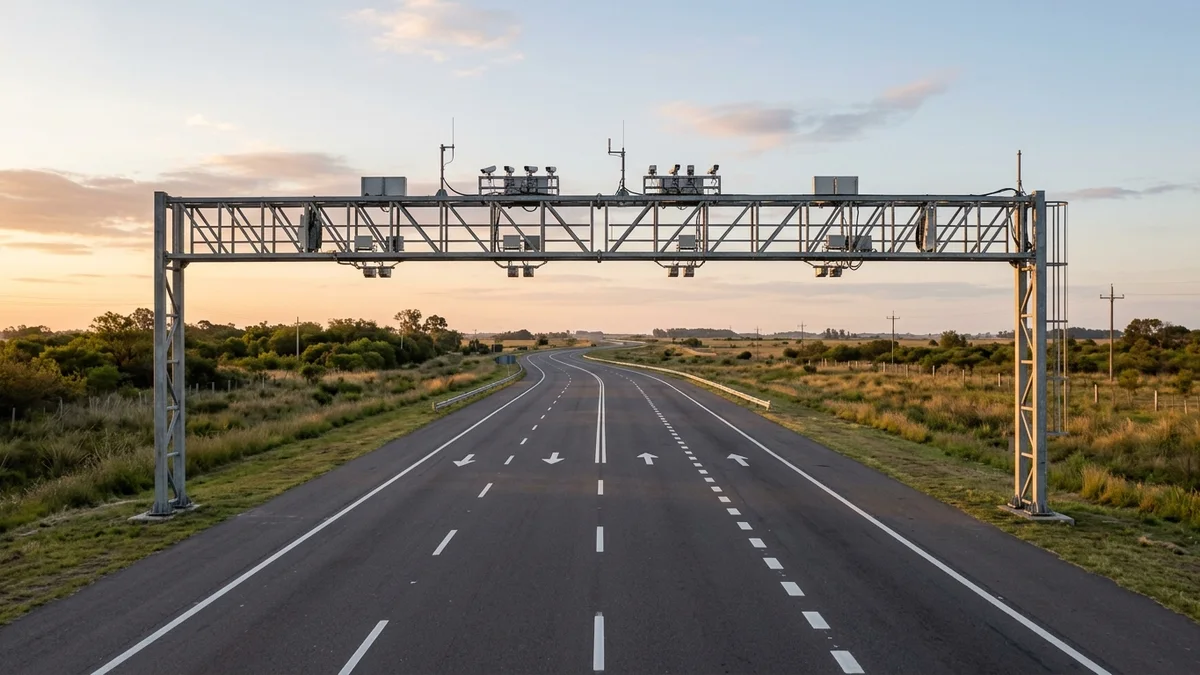 Pórtico de peaje de flujo libre con cámaras y antenas sobre una autopista vacía al amanecer.