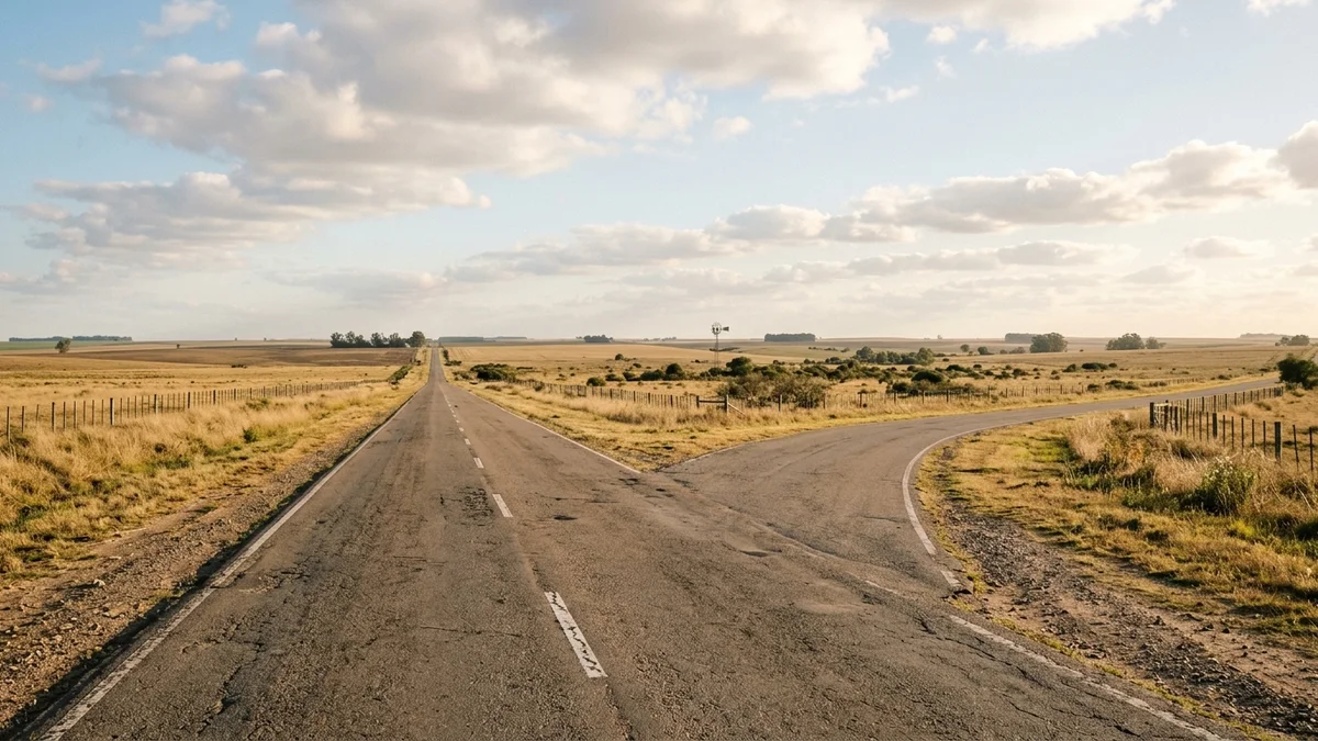 Ruta argentina que se bifurca en dos ramales en el paisaje pampeano, con banquinas de pasto y cielo amplio de media tarde.