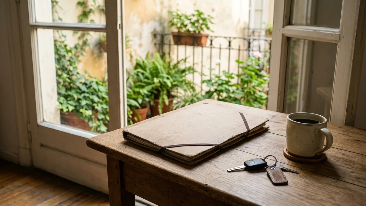 Escritorio de madera junto a una ventana con luz natural: una carpeta cerrada con un elástico, un llavero de auto y una taza de café ya fría.