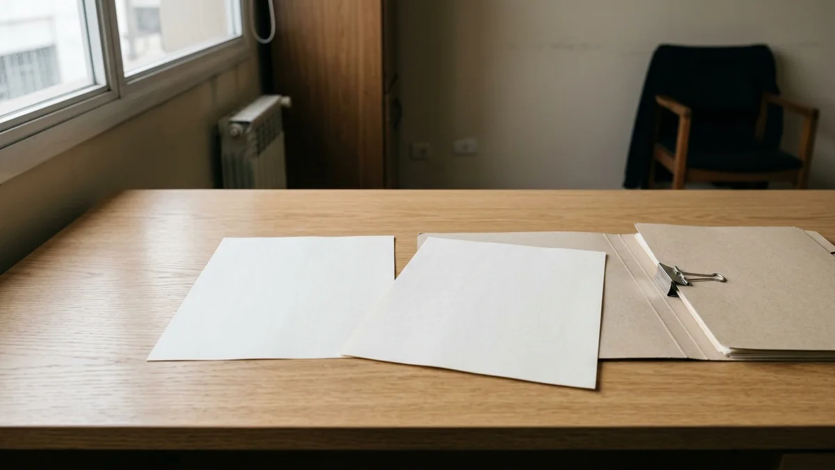 Dos formularios de papel en blanco superpuestos sobre un escritorio de madera clara, junto a una carpeta abierta, con luz natural lateral.