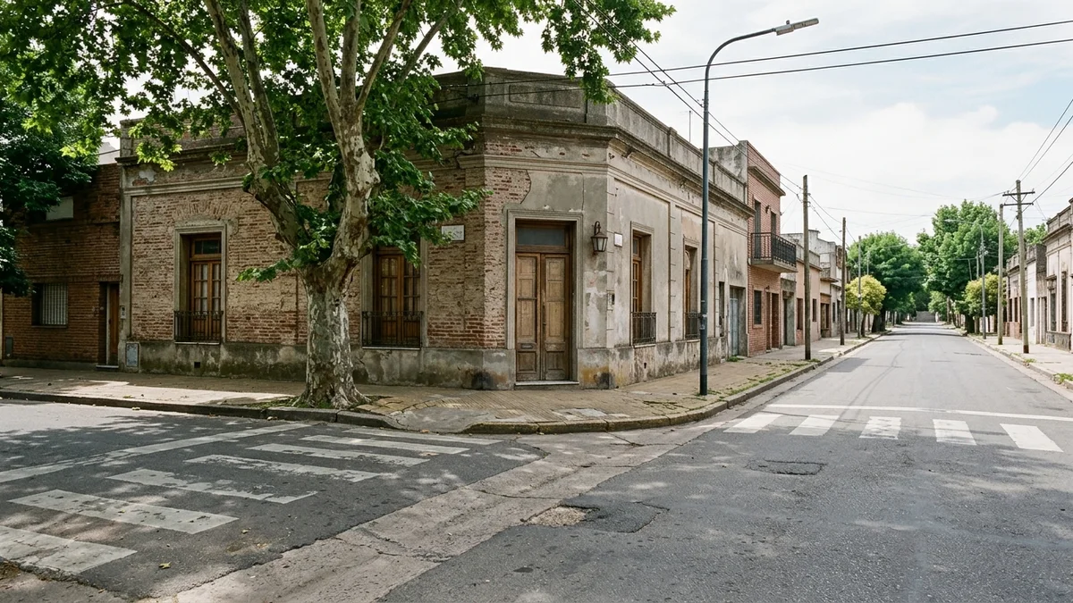 Esquina de barrio con dos calles de asfalto que se cruzan, ochava baja de ladrillo, senda peatonal despintada y un árbol de vereda con luz de mañana.