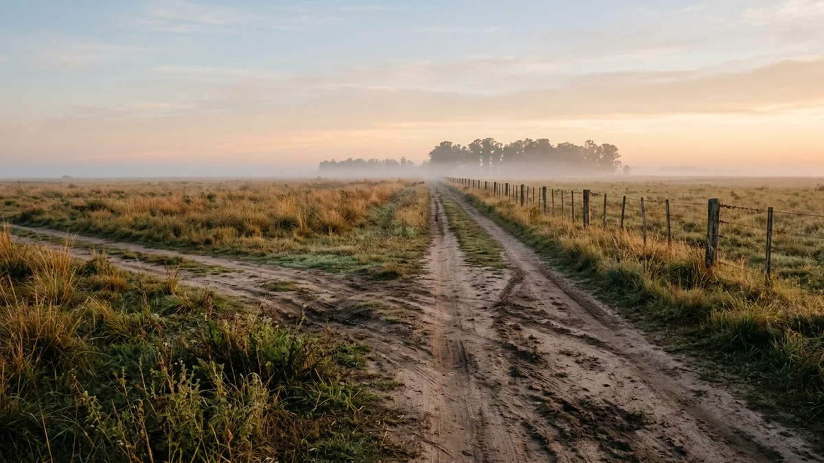 Cruce de dos caminos de tierra en la llanura al amanecer, con alambrado de madera y una arboleda lejana entre la neblina.