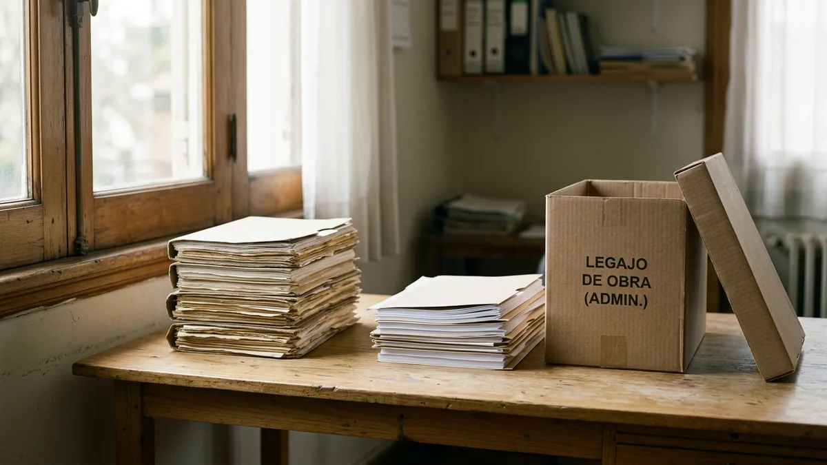 Caja de archivo abierta y dos pilas de carpetas de papel separadas sobre un escritorio de madera, con luz natural de una ventana lateral.