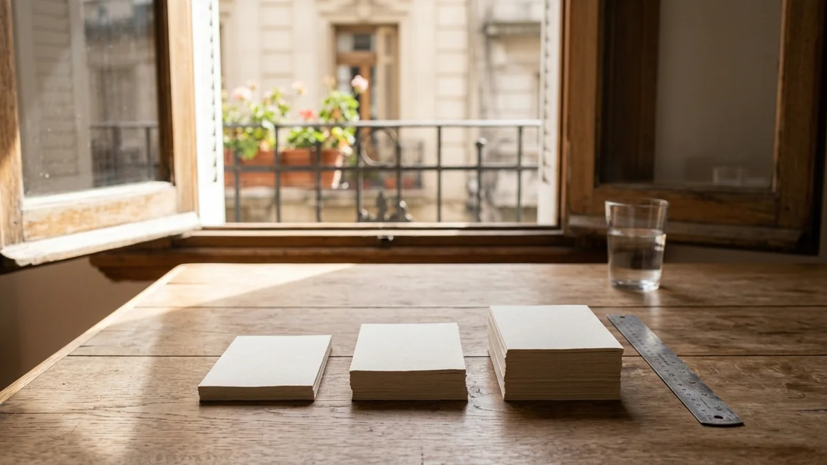 Tres pilas de hojas de papel de alturas distintas sobre un escritorio de madera clara junto a una ventana, con luz natural en diagonal y sombras suaves.