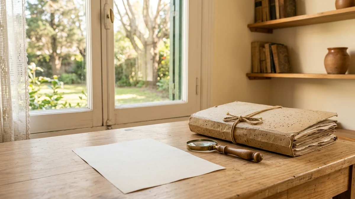 Escritorio de madera con una hoja suelta, una carpeta cerrada atada con cordel y una lupa, bajo luz natural de ventana.