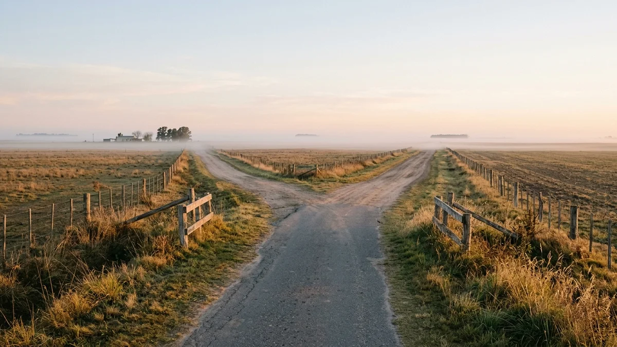 Cruce de caminos rurales en la llanura pampeana al amanecer, con alambrados de madera que separan parcelas y un camino que se abre en dos ramales de tierra.