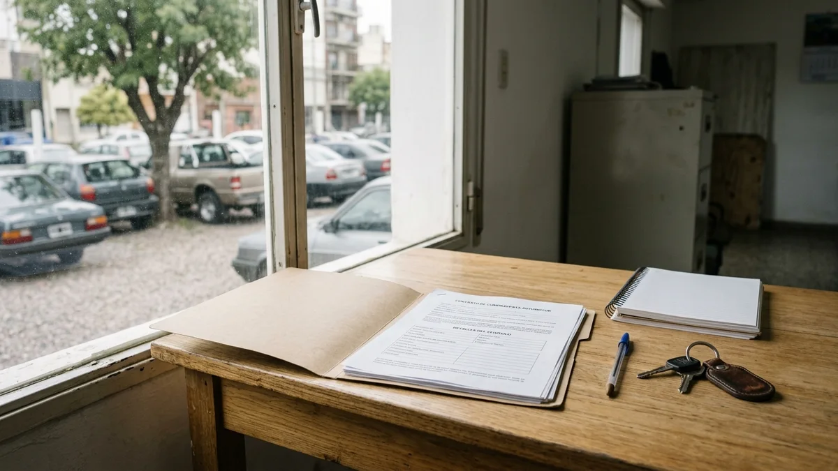 Escritorio de madera junto a una ventana con una carpeta abierta, hojas impresas, un anotador y llaves de auto, con luz natural.