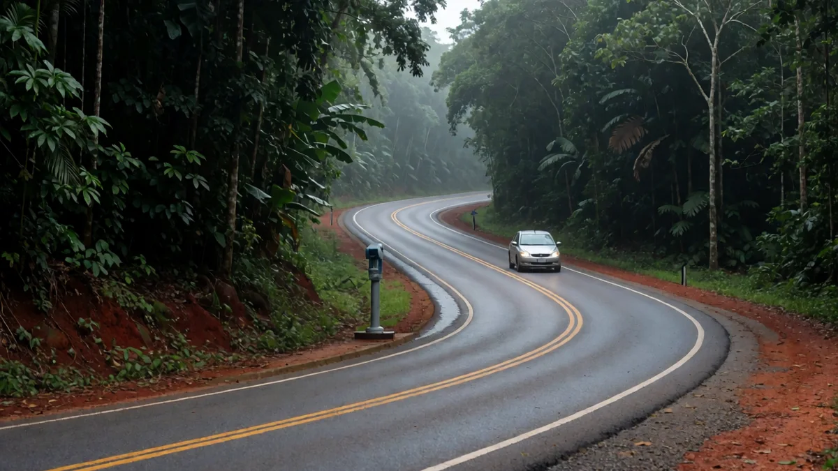 Columna de radar fijo al costado de una ruta misionera entre selva y tierra colorada, con un auto acercándose a lo lejos