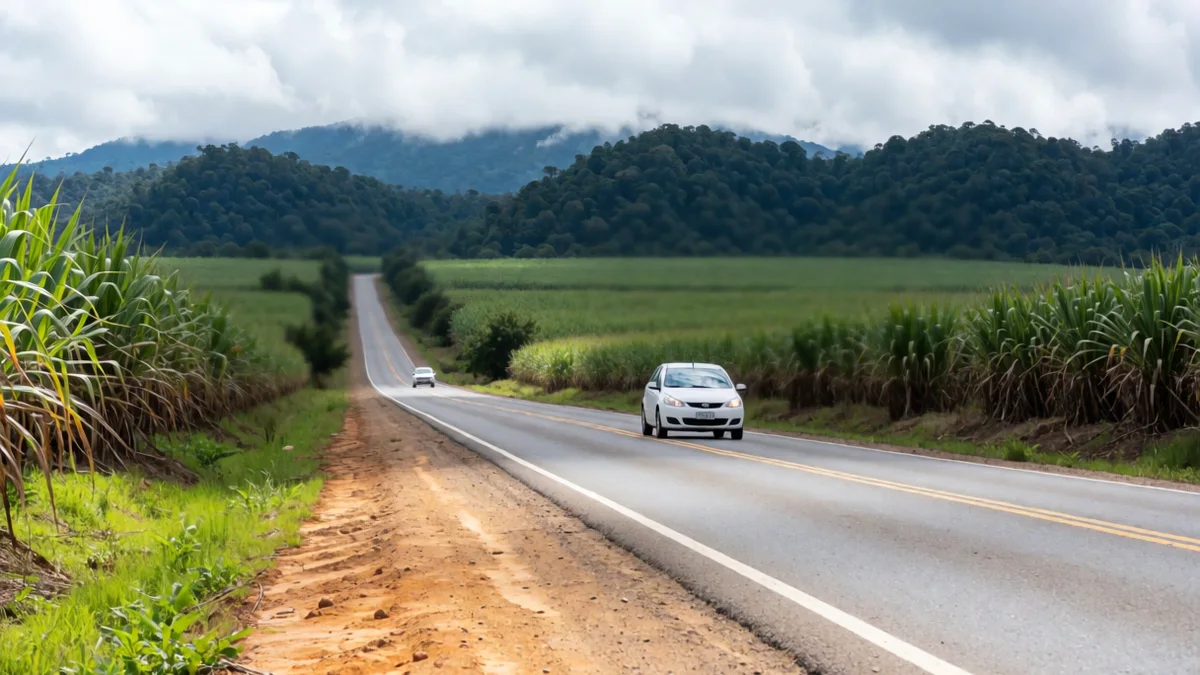 Auto blanco con luces bajas encendidas en una ruta tucumana entre cañaverales, con cerros boscosos al fondo