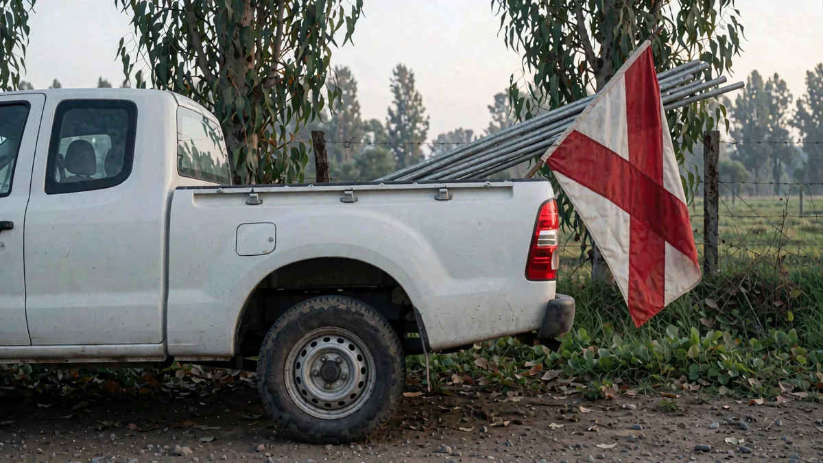 Camioneta pick-up blanca en la banquina de un camino rural, con caños que sobresalen de la caja y una bandera roja y blanca atada en la punta