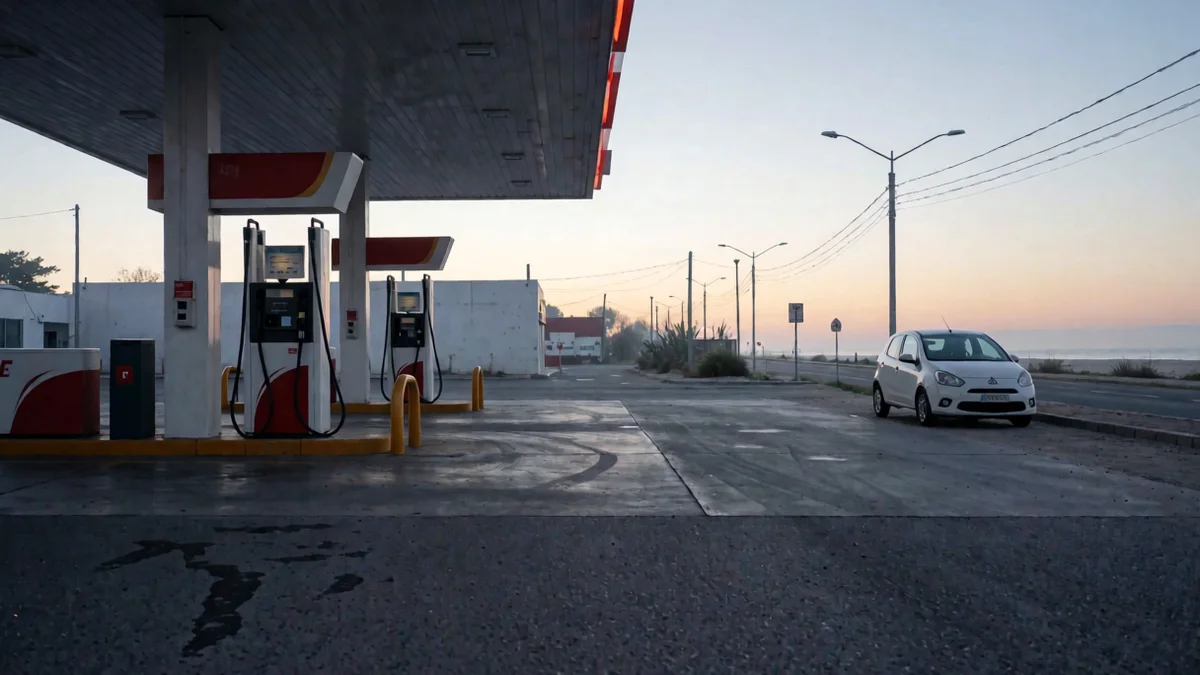 Surtidores de una estación de servicio de ruta al amanecer, con un auto blanco estacionado a lo lejos
