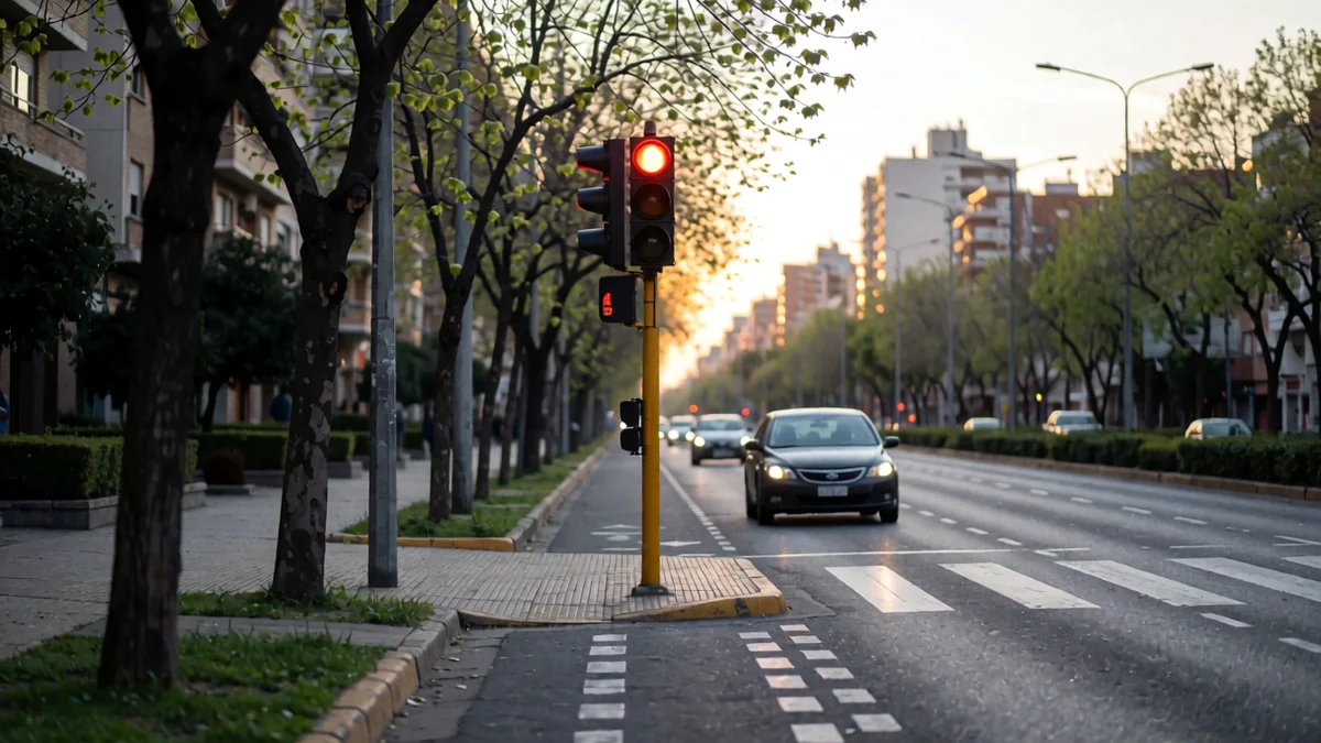 Semáforo en rojo sobre una esquina de avenida con la senda peatonal pintada y un auto detenido