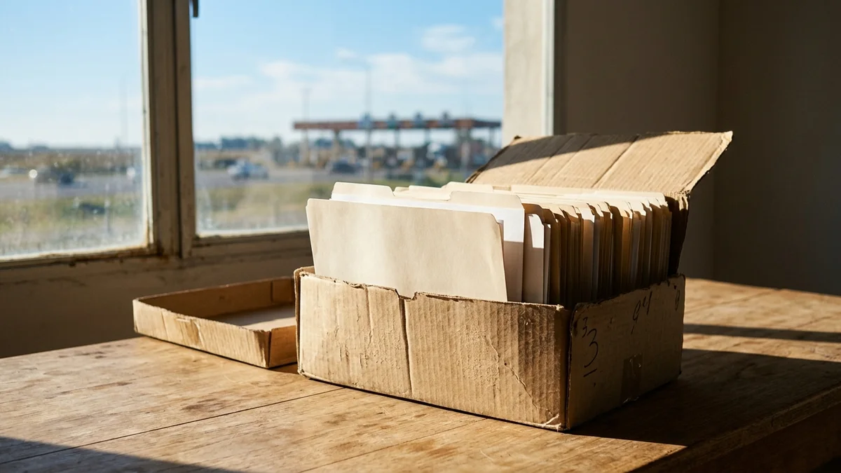 Caja de archivo abierta con carpetas de papel en blanco sobre una mesa de madera junto a una ventana; al fondo, desenfocada, una autopista con un pórtico de peaje.