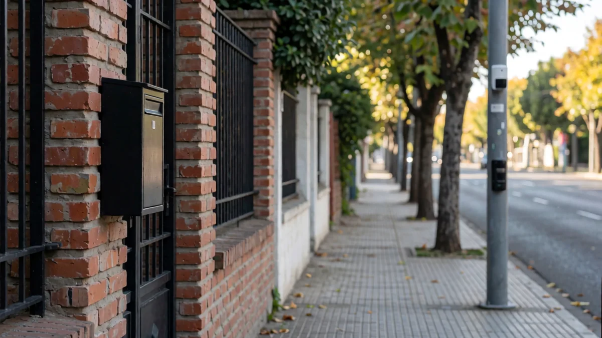 Buzón de chapa negra en un pilar de ladrillo con un sobre liso en la ranura y, desenfocada al fondo, una cámara fija de control de velocidad sobre un poste