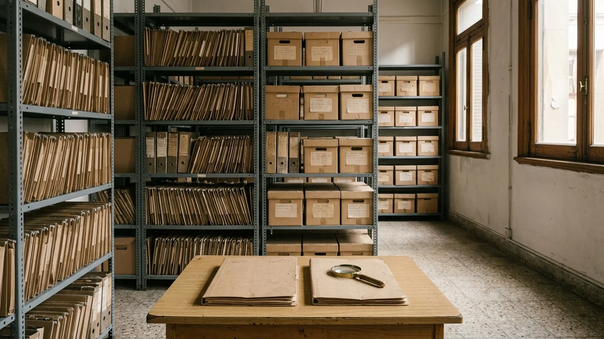 Estanterías metálicas con carpetas de cartón cerradas y cajas de archivo, junto a una mesa de madera con una lupa, bajo luz natural de ventana.