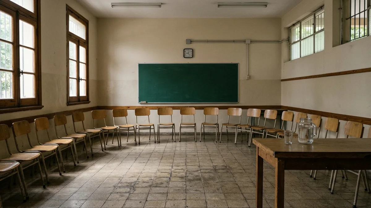 Aula vacía de un edificio público, con sillas de madera en semicírculo frente a un pizarrón limpio y luz natural entrando por ventanas altas.