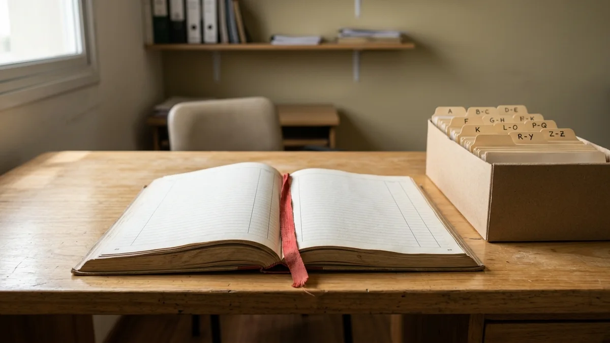 Libro de registro abierto sobre un escritorio de madera, con una cinta señaladora entre hojas vacías y una caja de archivo con separadores escalonados al costado.
