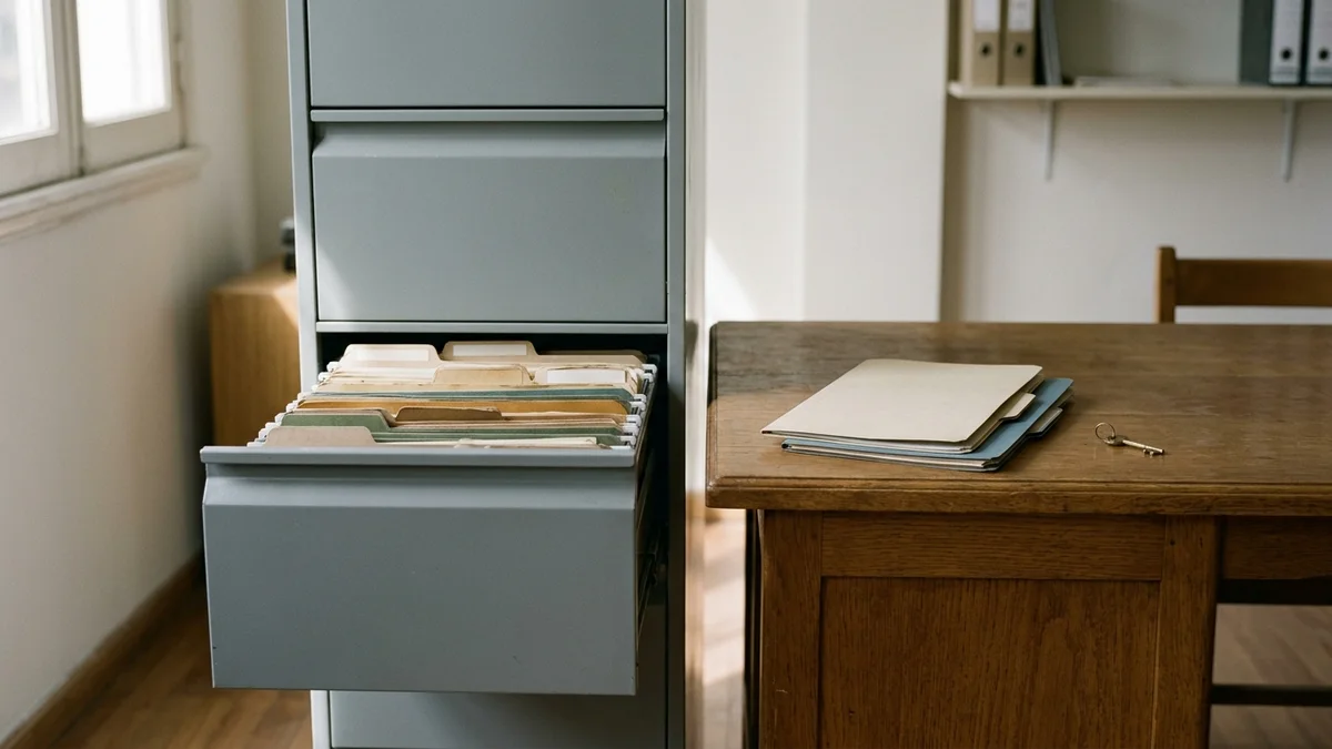 Archivador metálico gris con un cajón entreabierto y carpetas cerradas, junto a un escritorio de madera con dos carpetas apiladas bajo luz natural.