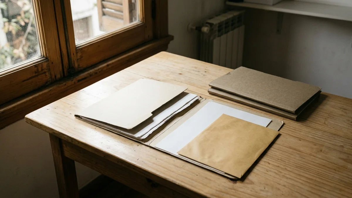 Escritorio de madera con una carpeta beige entreabierta y hojas en blanco, una de ellas tapada a medias por un sobre opaco, con luz natural lateral.