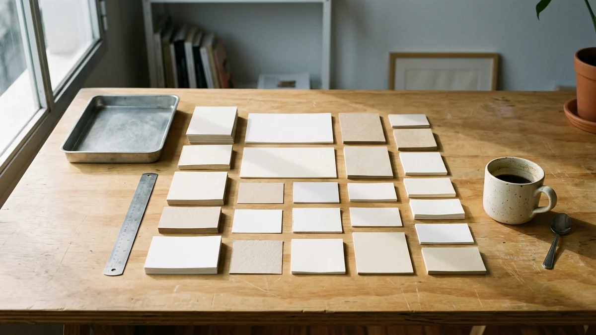 Tarjetas de cartulina en blanco ordenadas en cuadrícula sobre un escritorio de madera clara, junto a una bandeja metálica vacía, con luz natural de ventana.