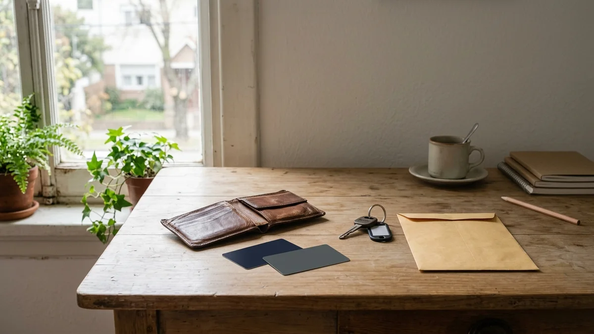 Escritorio de madera junto a una ventana con billetera de cuero abierta, dos tarjetas lisas boca abajo, llaves de auto y un sobre en blanco.