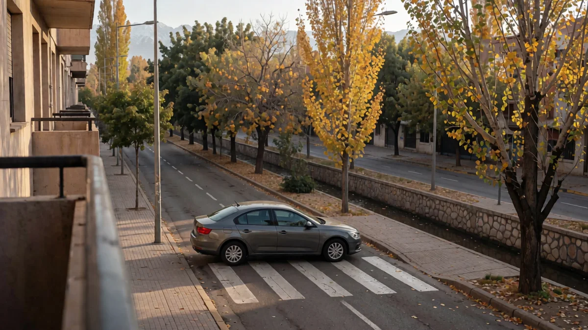 Auto gris detenido de perfil sobre una senda peatonal en una esquina arbolada de Mendoza, con una acequia junto al cordón y la cordillera al fondo.