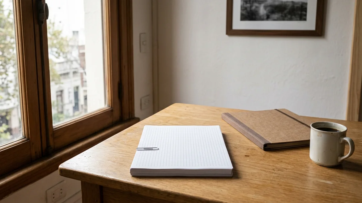 Hojas cuadriculadas en blanco apiladas sobre un escritorio de madera junto a una ventana, con un clip metálico y una carpeta cerrada bajo luz natural.