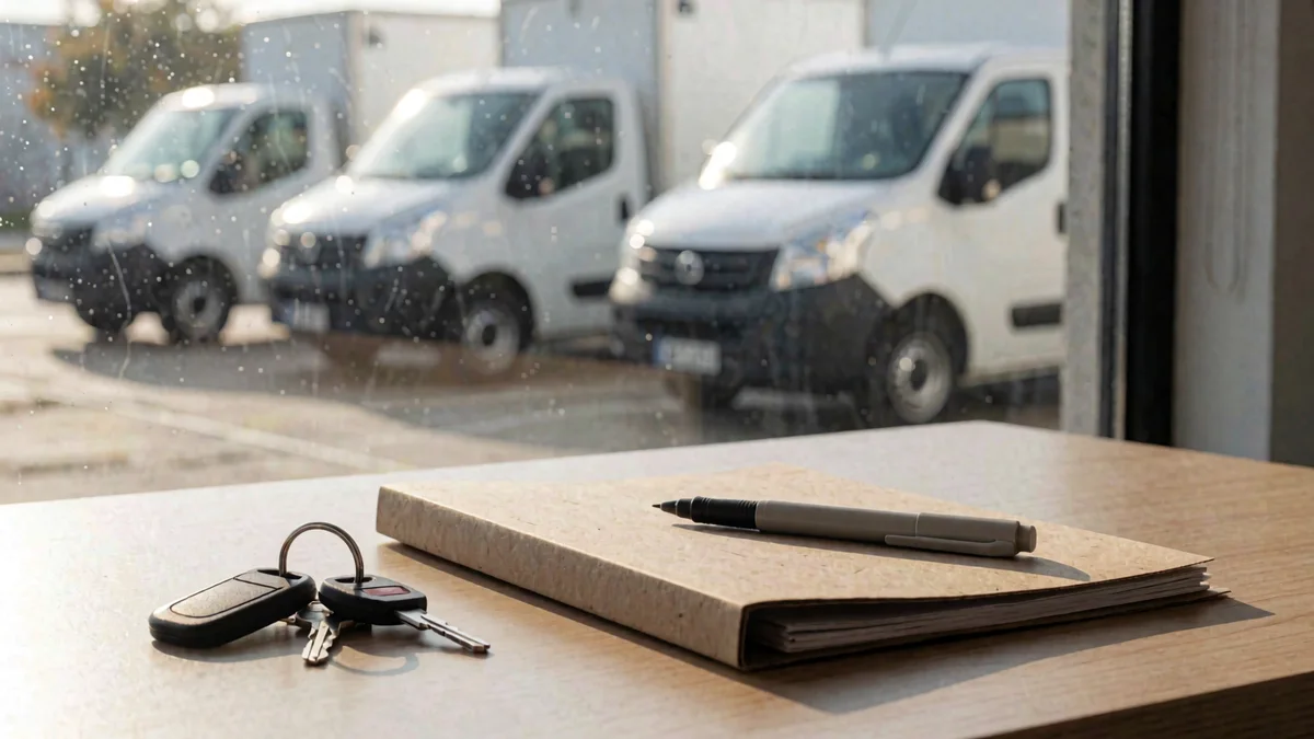 Lapicera fuente sobre una carpeta cerrada en un escritorio de oficina, con camionetas utilitarias blancas estacionadas detrás del ventanal