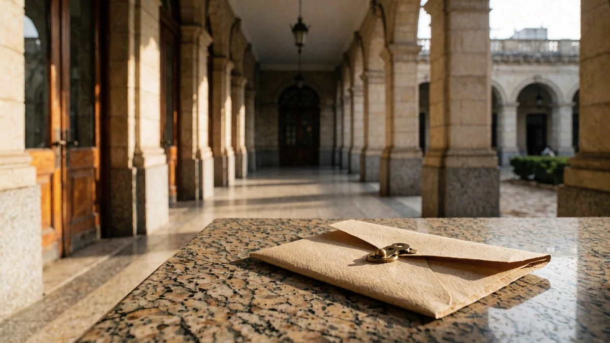Sobre de papel madera cerrado con broche metálico sobre un mostrador de granito, con la galería de arcos de un edificio público desenfocada al fondo.