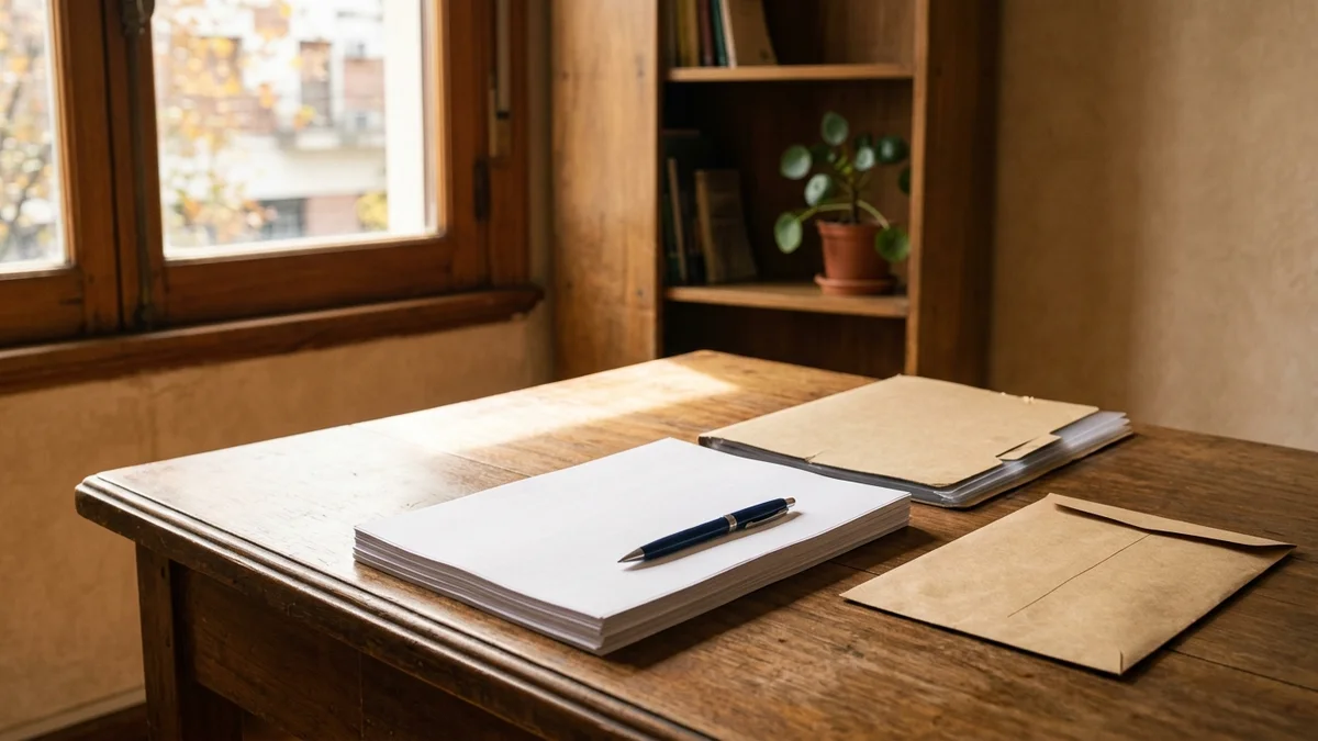Escritorio de madera con hojas en blanco, una lapicera y una carpeta con folios junto a una ventana con luz natural.