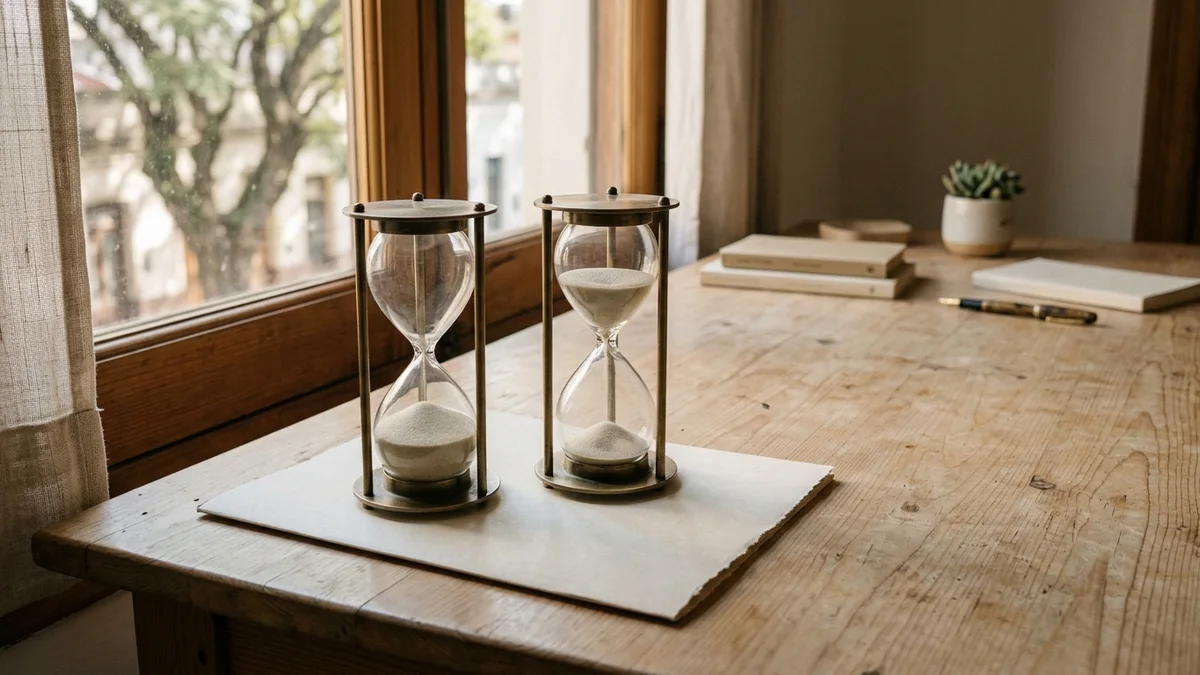 Dos relojes de arena iguales sobre un escritorio de madera junto a una ventana: en uno la arena ya cayó del todo y en el otro va por la mitad.