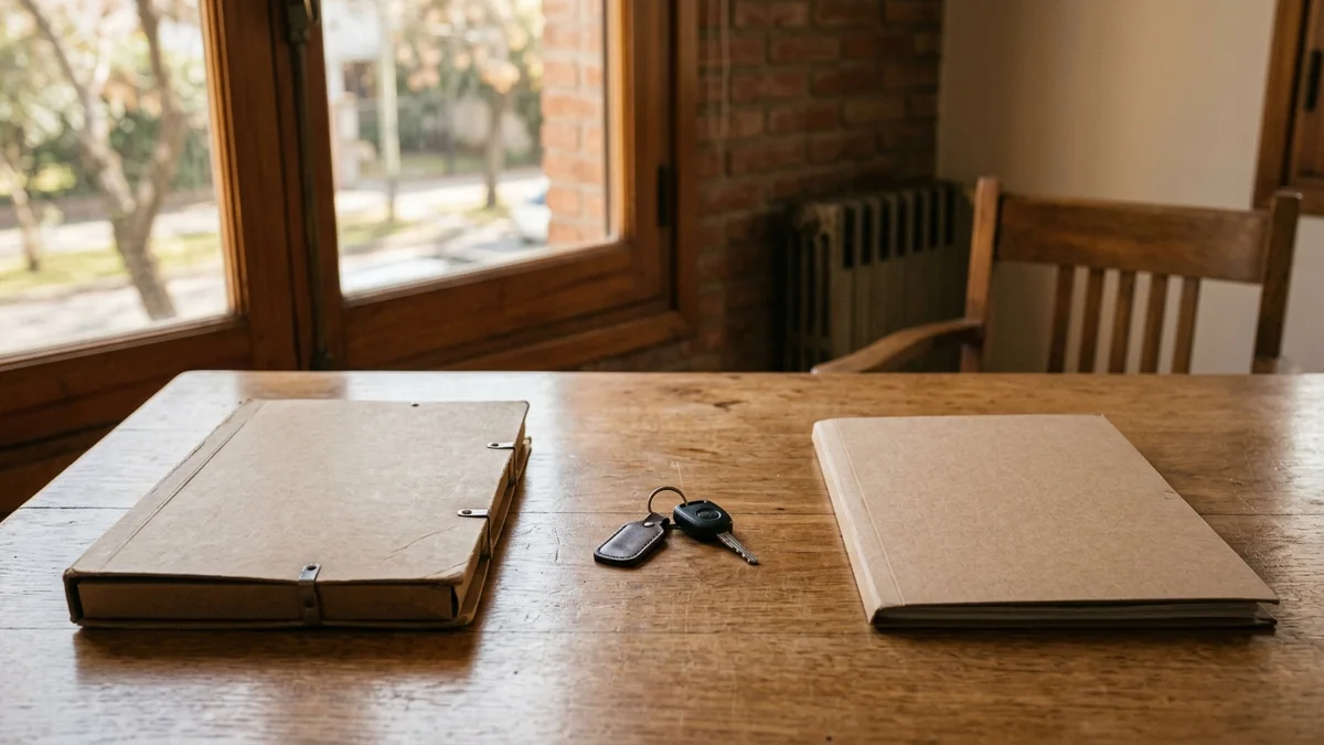Escritorio de madera con dos carpetas cerradas separadas y una llave de auto entre ambas, con luz natural.