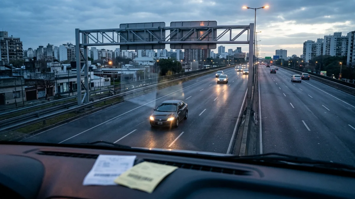 Automóvil circulando bajo un pórtico de peaje sin barrera en una autopista urbana