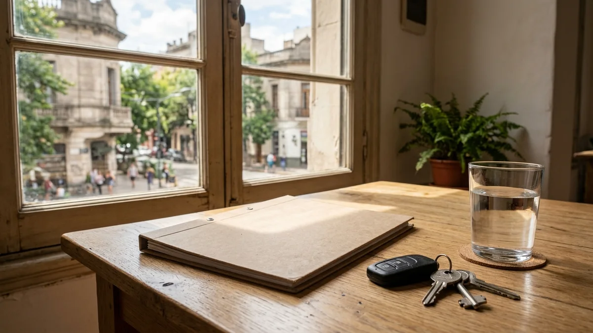 Carpeta de cartón cerrada y un juego de llaves de auto sobre un escritorio de madera, junto a una ventana con luz natural.