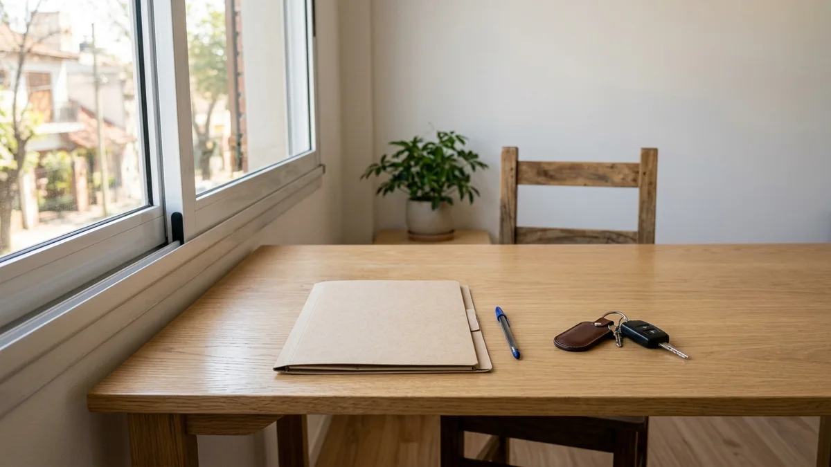 Carpeta de cartón cerrada, una lapicera y llaves de auto sobre un escritorio de madera junto a una ventana, con luz natural cálida de la mañana.