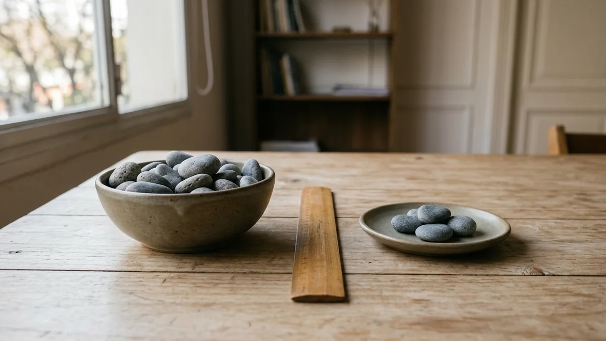 Cuenco de cerámica con muchas piedras grises y, al lado, un platillo con unas pocas, separados por una regla de madera sobre una mesa clara.