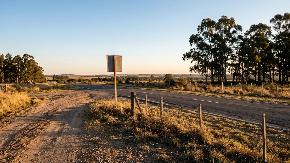Cruce de un camino de tierra con una ruta pavimentada al atardecer, con un poste de señalización sin inscripciones junto a la banquina.