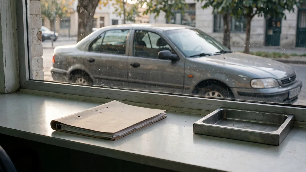 Mostrador de un registro automotor con una carpeta cerrada y, a través del ventanal, un sedán gris estacionado junto a la vereda