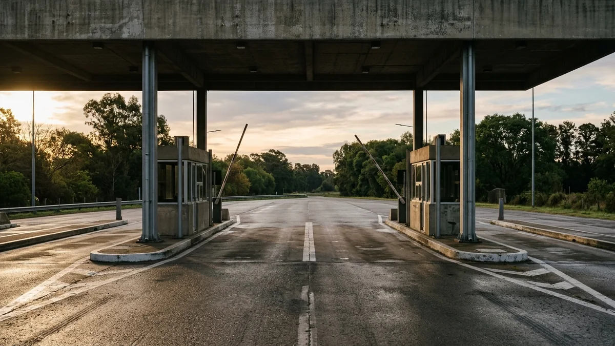 Dos carriles contiguos de una estación de peaje vacía al amanecer, con las barreras levantadas bajo la cubierta de hormigón.