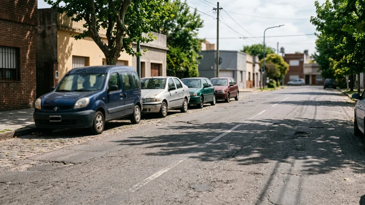 Calle de barrio con autos estacionados contra el cordón y el carril de calzada libre a su costado, bajo luz de media mañana.